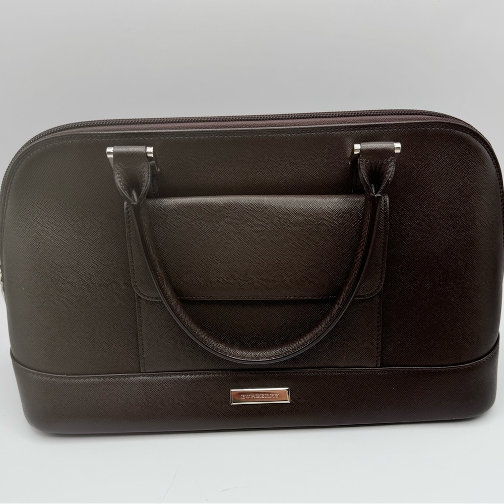 Burberry Brown Saffiano Leather Briefcase Top Handle Bag Nova Check Zip